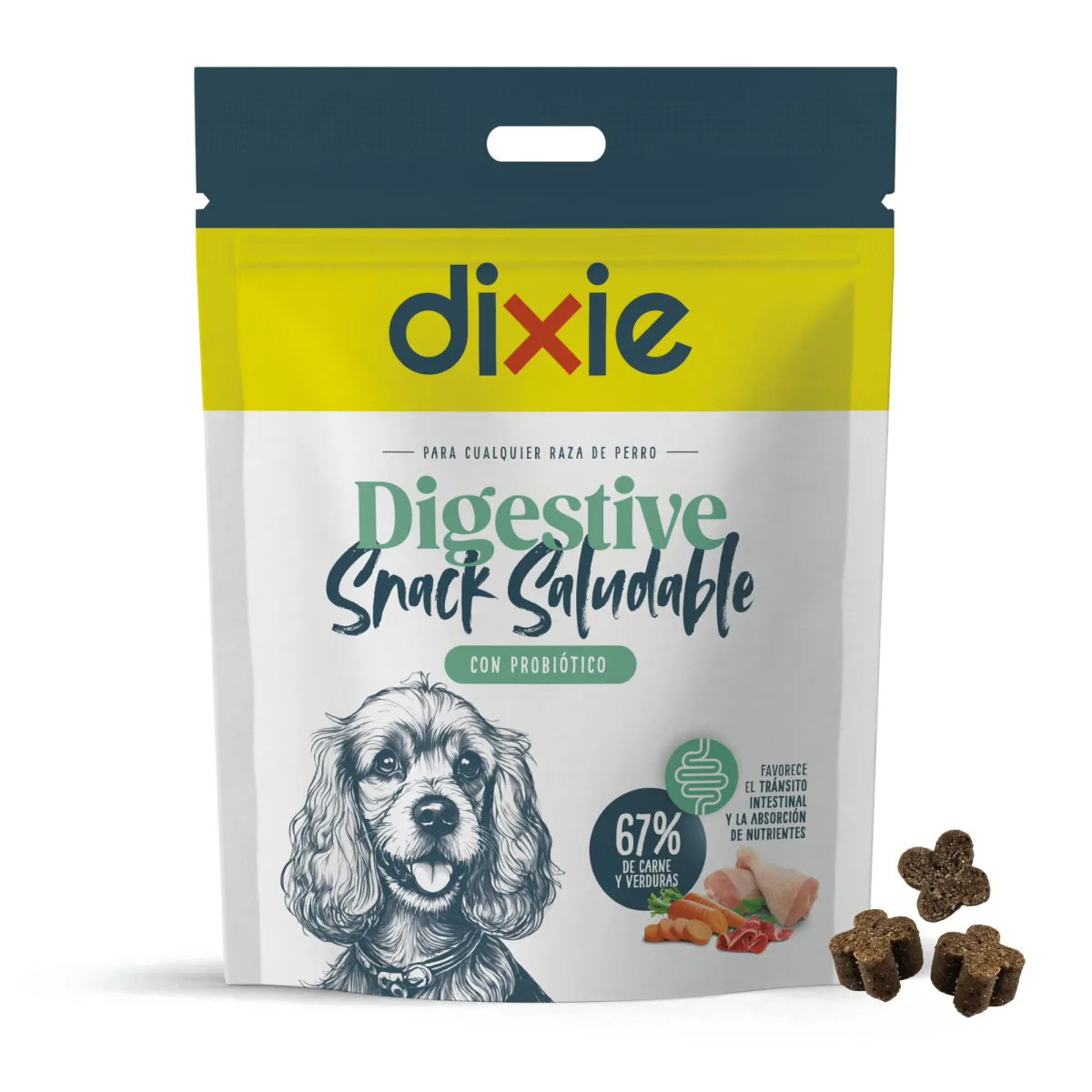 Bolsa de 150 g del snack funcional Digestive de Dixie para perros, con probiótico