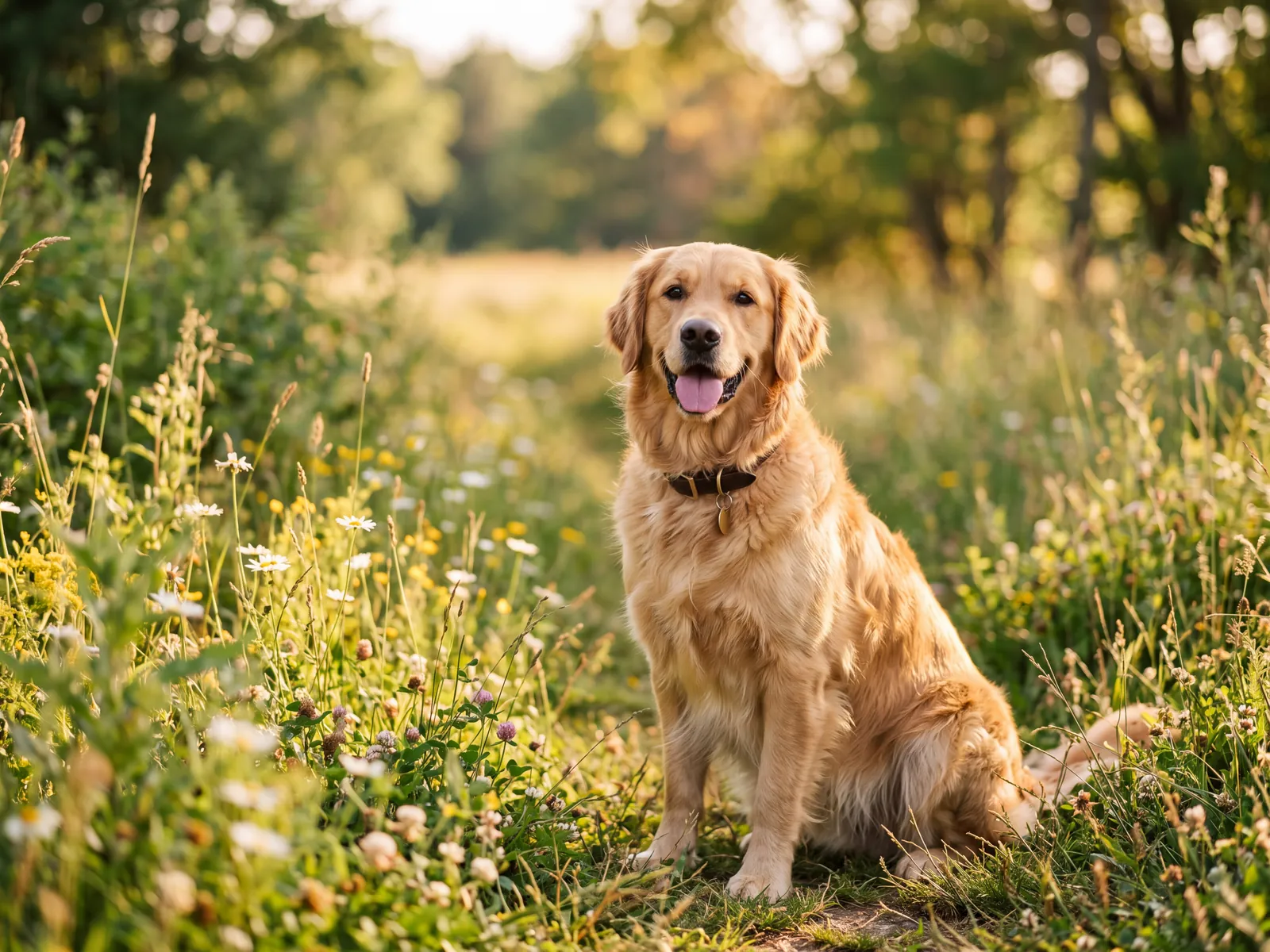 Golden retriever sentado en un campo de flores al sol, con la lengua fuera